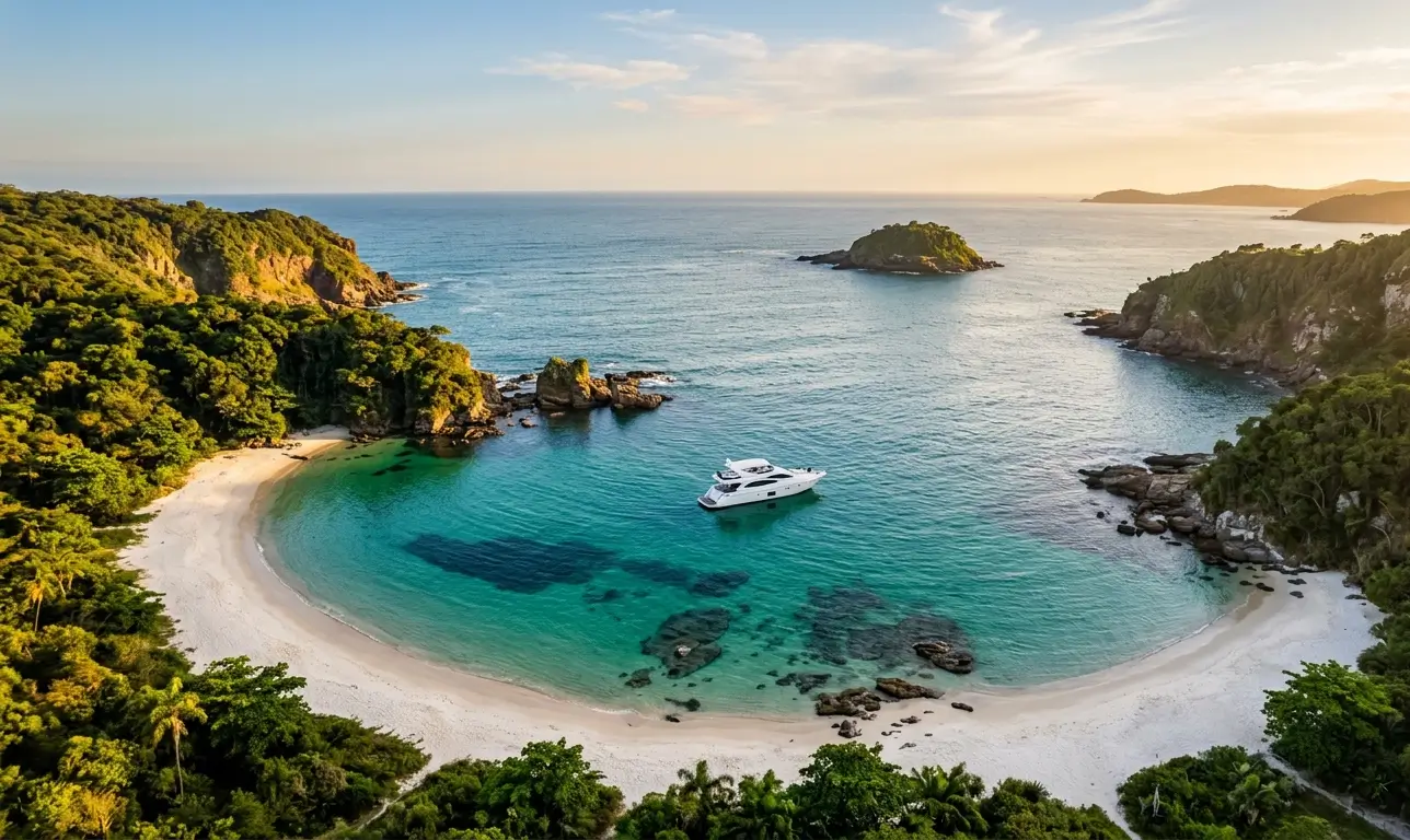 Enseada com barco e vegetação em Búzios